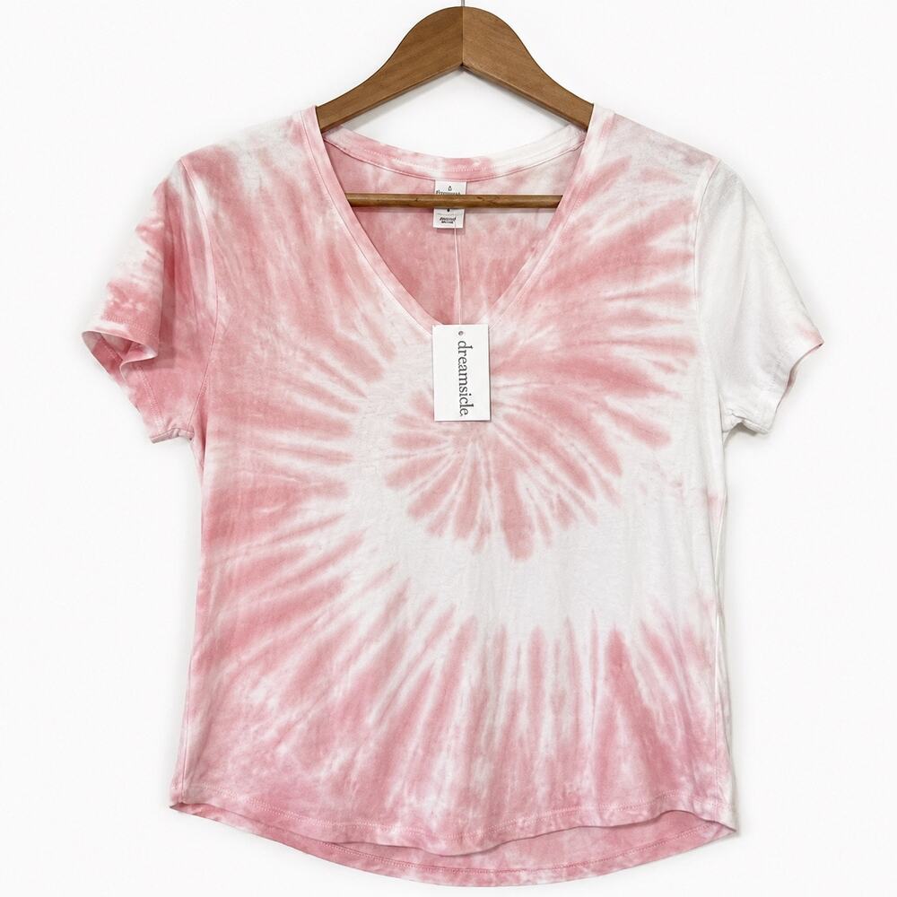 Dreamsicle NWT Small Pink White Tie Dye V Neck Tee Rose Shadow